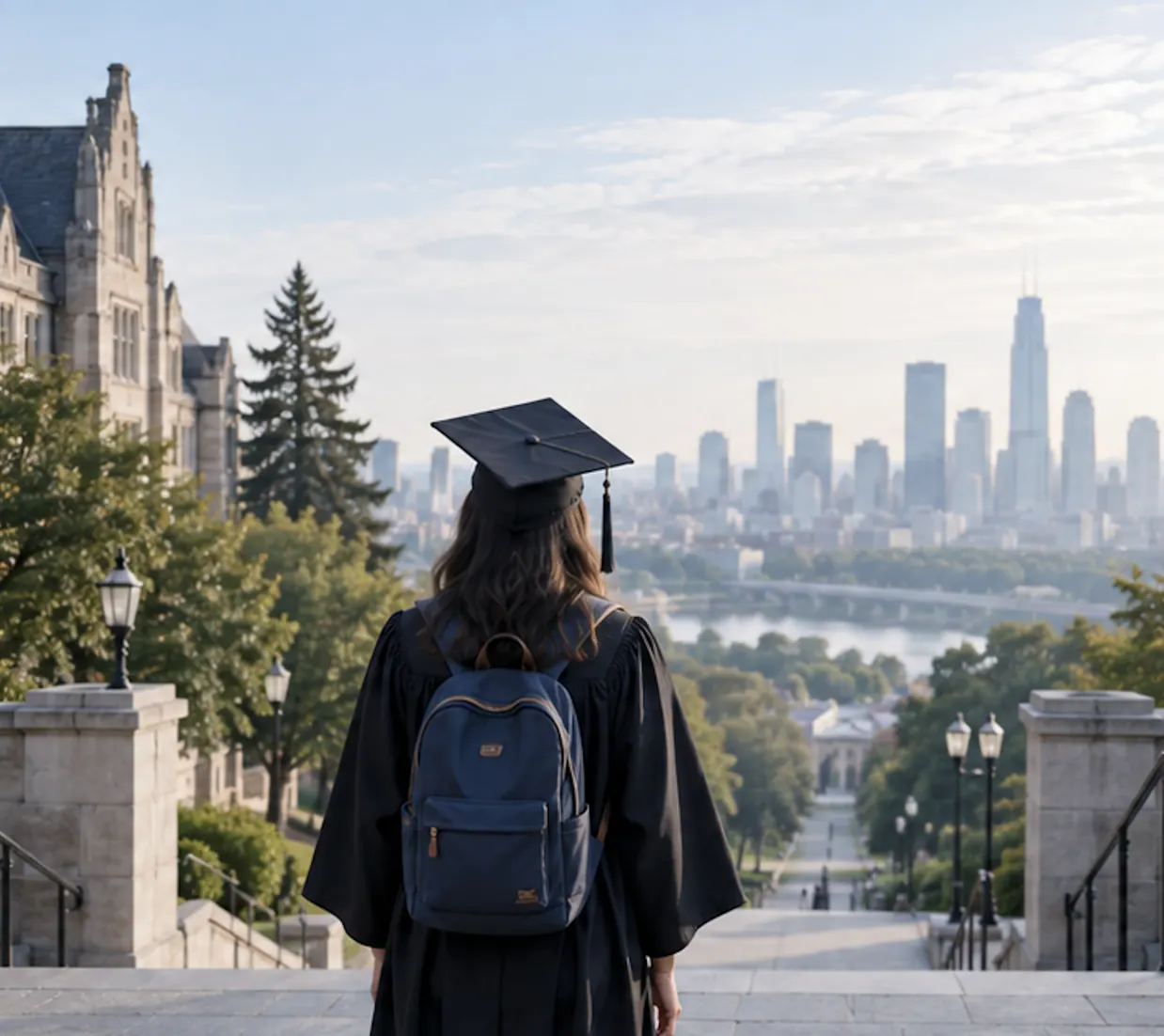 A graduate looking out from campus toward a city skyline